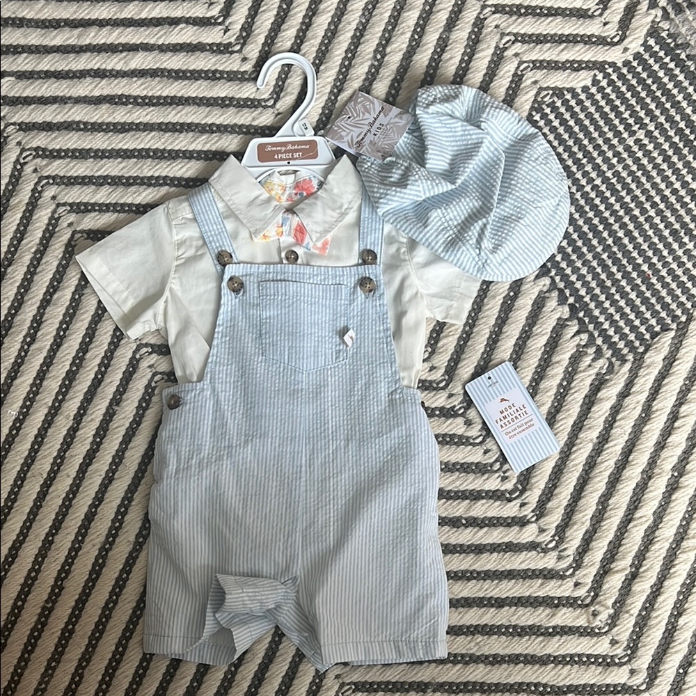 NWT Tommy Bahama Kids 4-Piece Baby Boy Seersucker Overall Shirt Cap Bow Tie 12mo